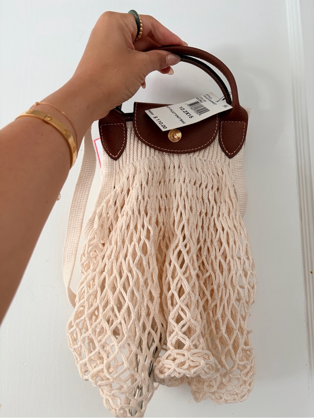 Longchamp Canvas Net Tote with Brown Leather Trim - Cream